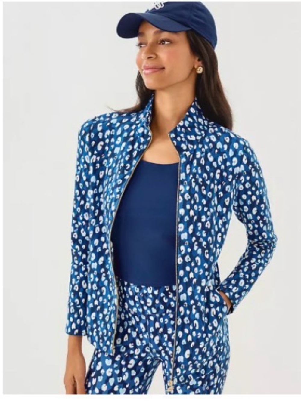 Lilly Pulitzer PF 50+ Leona Zip-Up Jacket Blue Leopard-Print Bomber Jacket